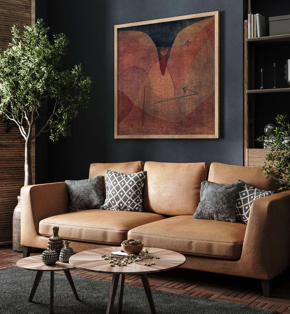 Aviatic Evolution 1934 Vintage Paintings in Oak Wood Plain Frame placed on a living room wall behind an orange sofa