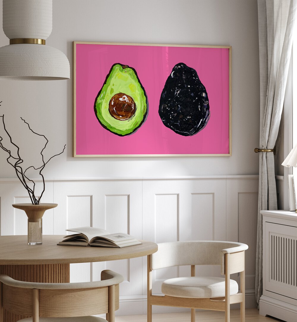 Avocado on Pink by Alice Straker Kitchen Posters Kitchen Art Prints in Oak Wood Plain Frame placed on a wall in a dining room area beside a window and behind a dining table