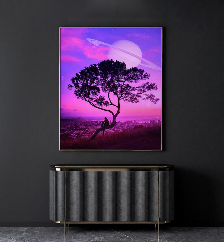 Away From Home By Ritvik Takkar Surrealism in Gold Plain Frame placed on a Dark Grey Colored Wall above a Console Table 