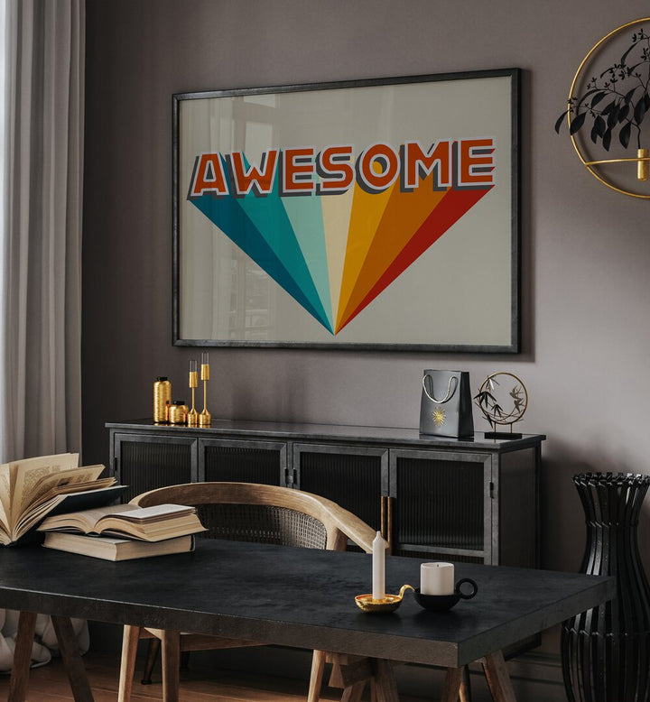 Awesome Quotes And Typography Posters in Black Plain Frame placed on a Dark Grey Colored Wall above a Console Table in the Drawing Room