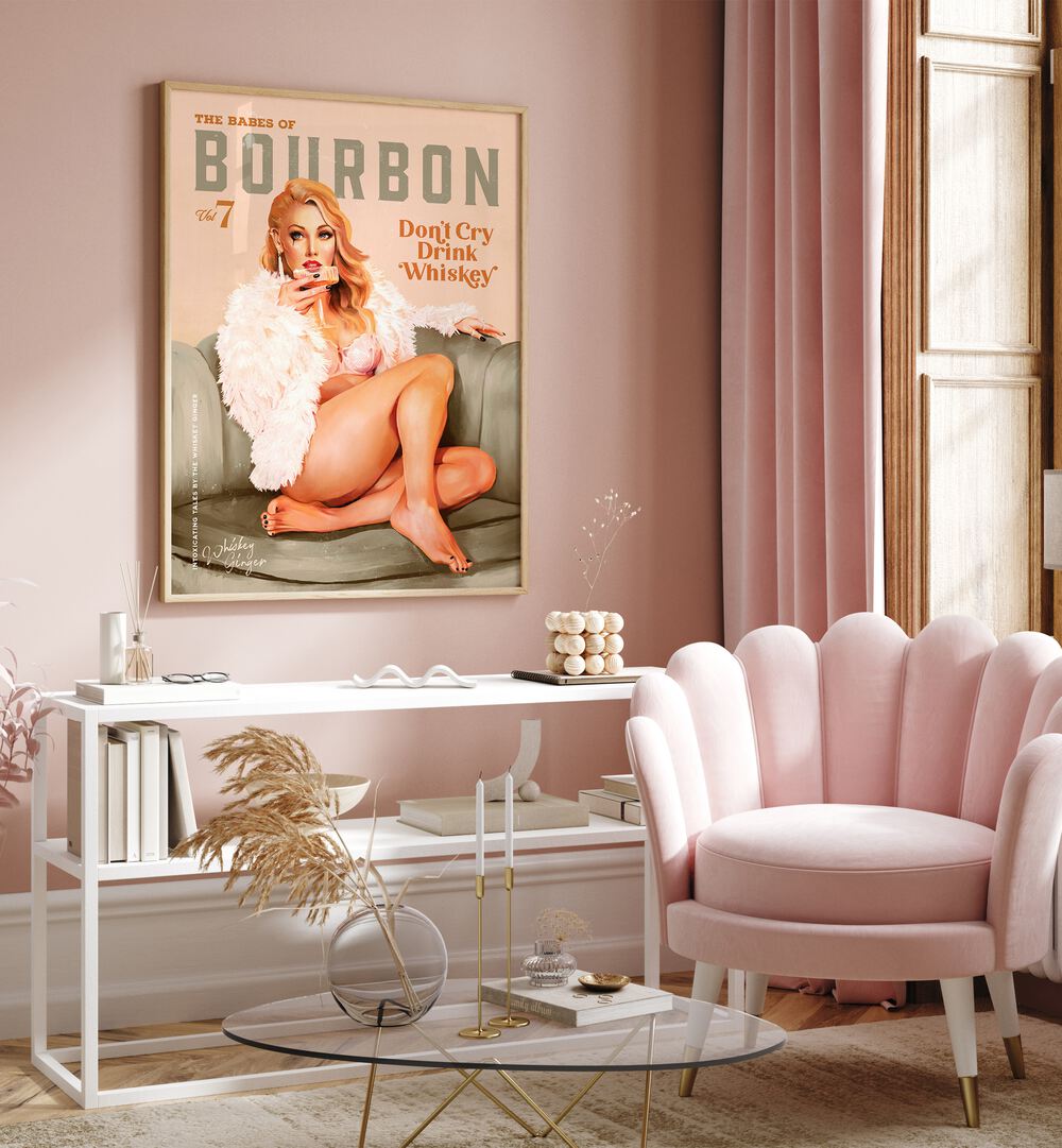 Transform your space with WHISKEY BABES II, BAR art featuring a vintage pinup girl, perfect for whiskey lovers.