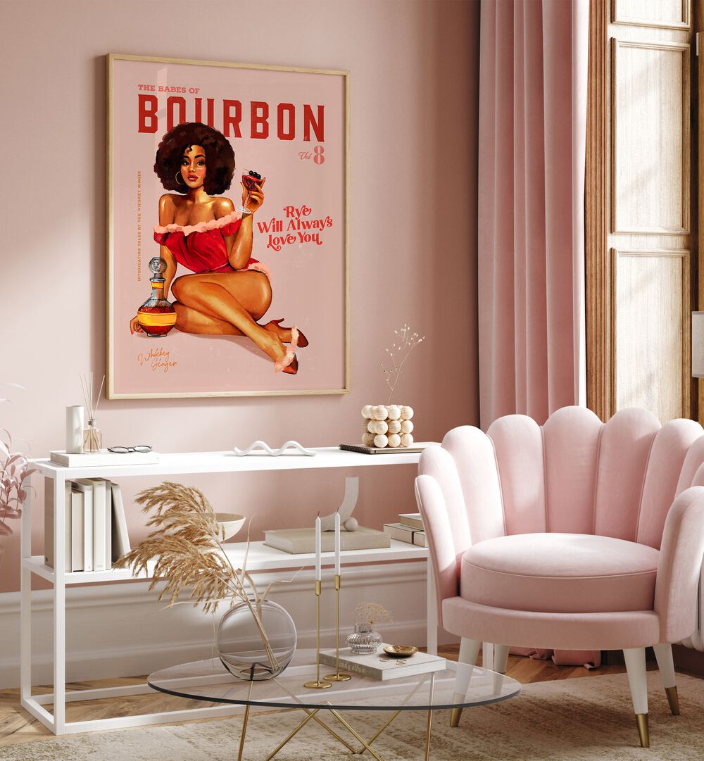 Vintage pinup art featuring a stylish Afro woman for BOURBON BABES II, BAR & CAFE ART adds charm to your space.