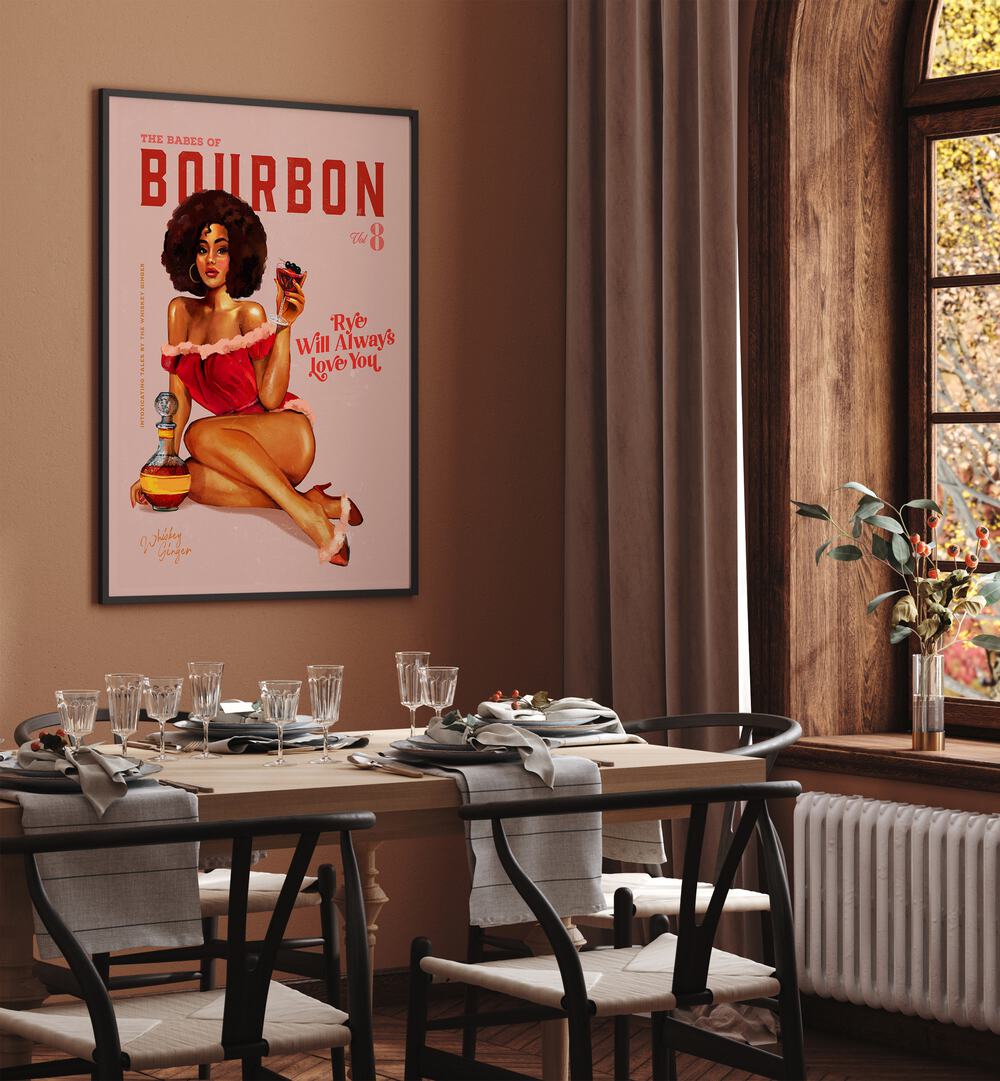Vintage pinup art featuring BOURBON BABES II, BAR decor, adding charm to any café or home space.
