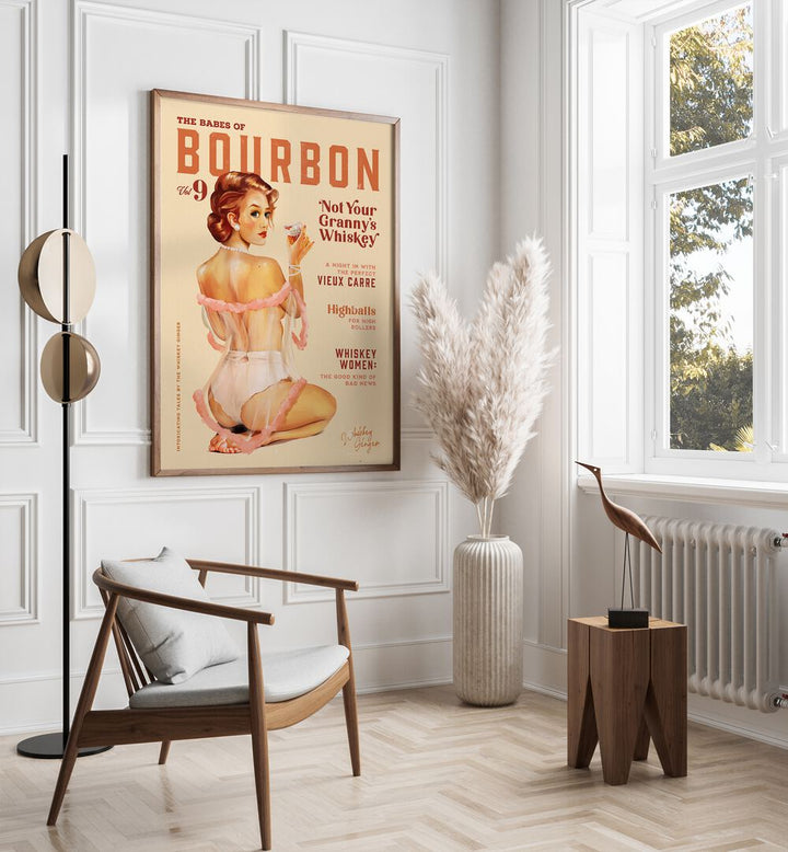 Vintage WHISKEY BABES, BAR art print adds charm to your decor, showcasing classic pinup style in a cozy setting.