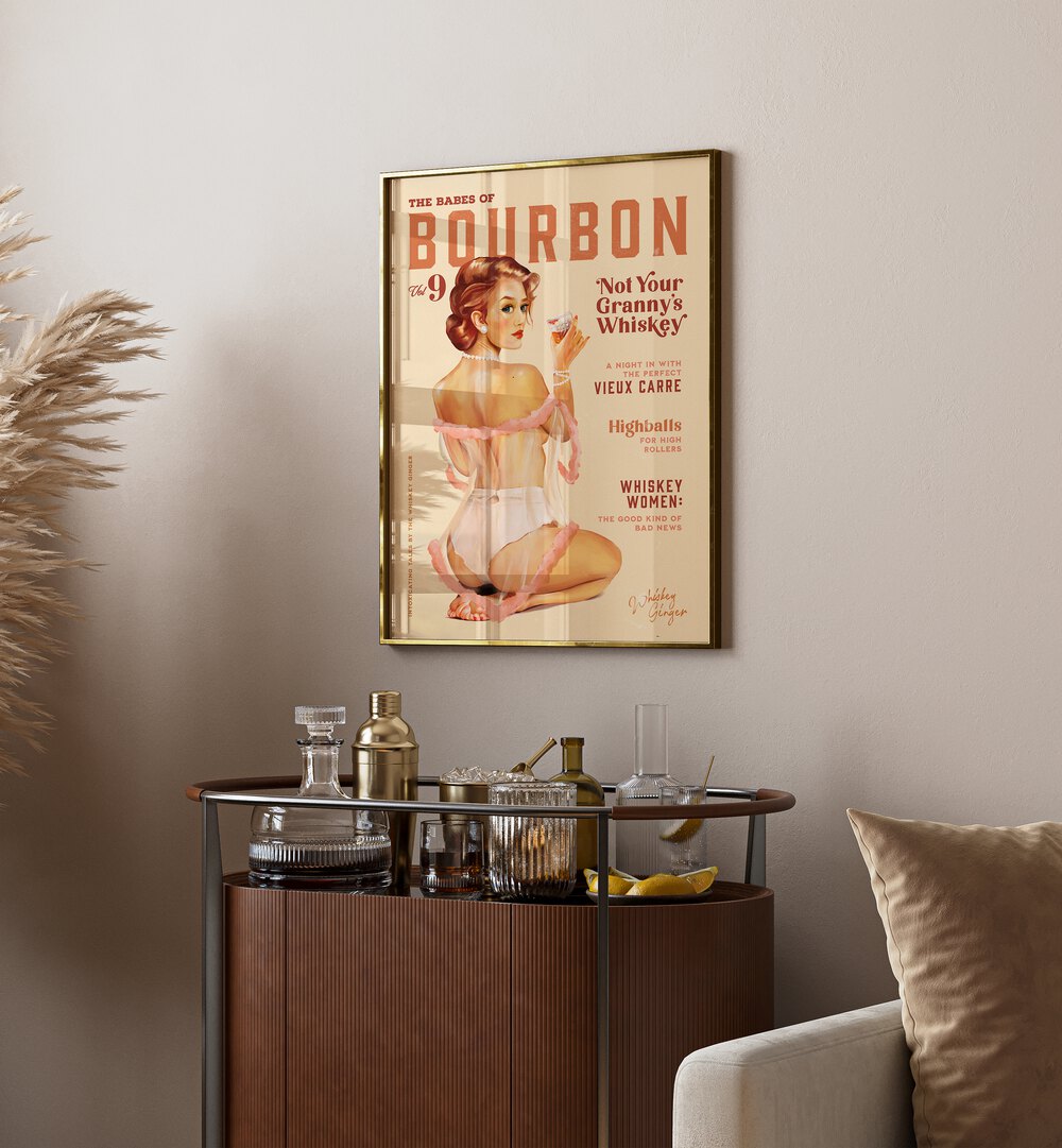 Vintage WHISKEY BABES, BAR art print featuring a charming pinup girl, perfect for your bar or cafe decor.