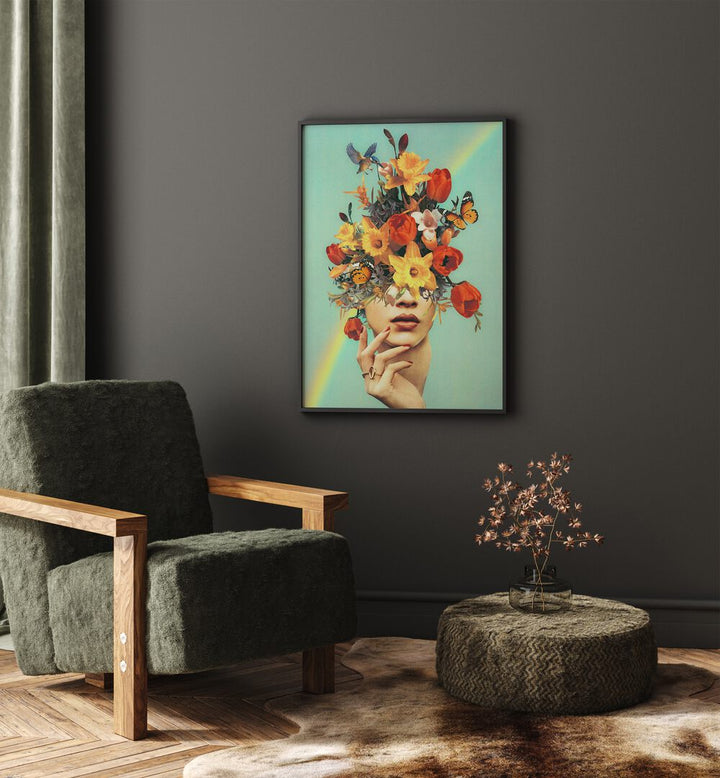 Baby In Bloom - Rainbow Surreal Painting, Surreal Art Artwork in Black Plain Frame placed on a Dark Grey Wall in the Dining Room