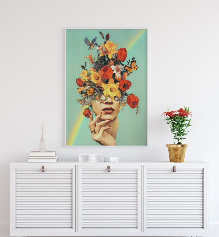 Baby In Bloom - Rainbow Surreal Painting, Surreal Art Artwork in White Plain Frame placed on a White Wall above a Console Table