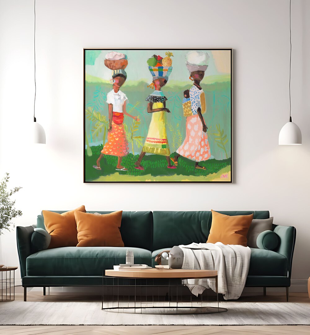 Colorful illustration from BACK FROM THE MARKET, PORTRAITS, showcasing vibrant figures carrying goods in a lively scene.