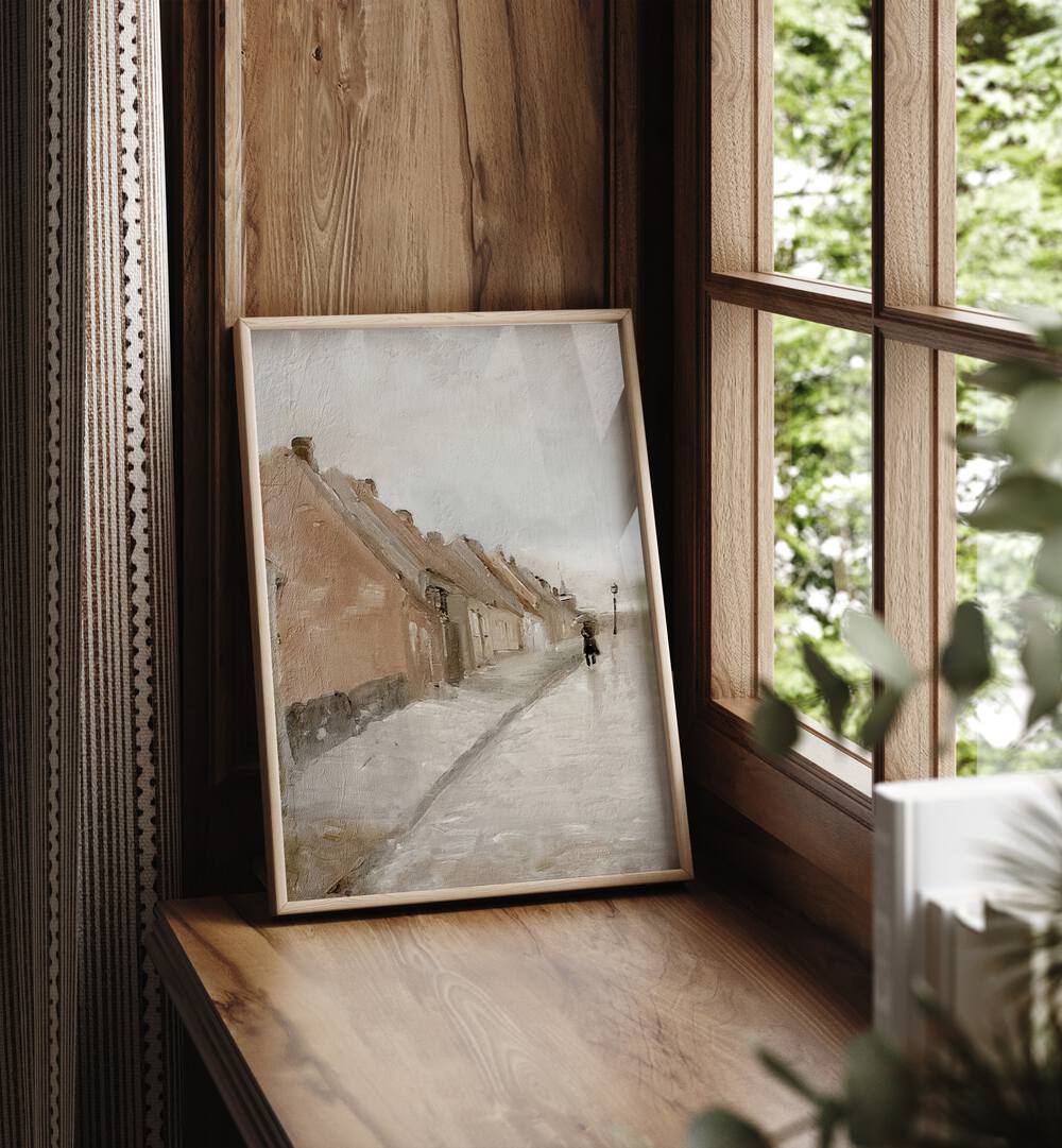 Bakkegade I Hillerod Vintage Art Painting Artwork in plain oakwood frame beside a window