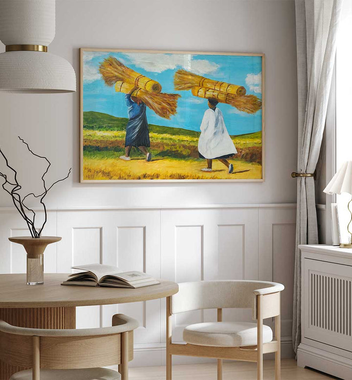 Two figures carry hay in BALANCE, INDIAN ART PAINTINGS, celebrating traditional Indian culture and artistry.