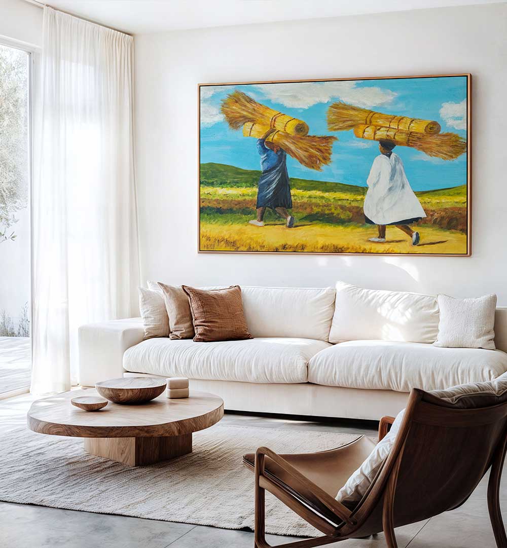 Experience BALANCE, INDIAN ART PAINTINGS showcasing traditional artistry in a serene living room setting.