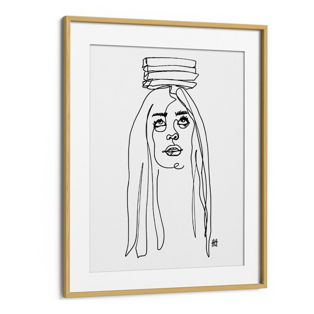 Balancing Act I Line Art Artwork in Oak Wood Frame With Mount