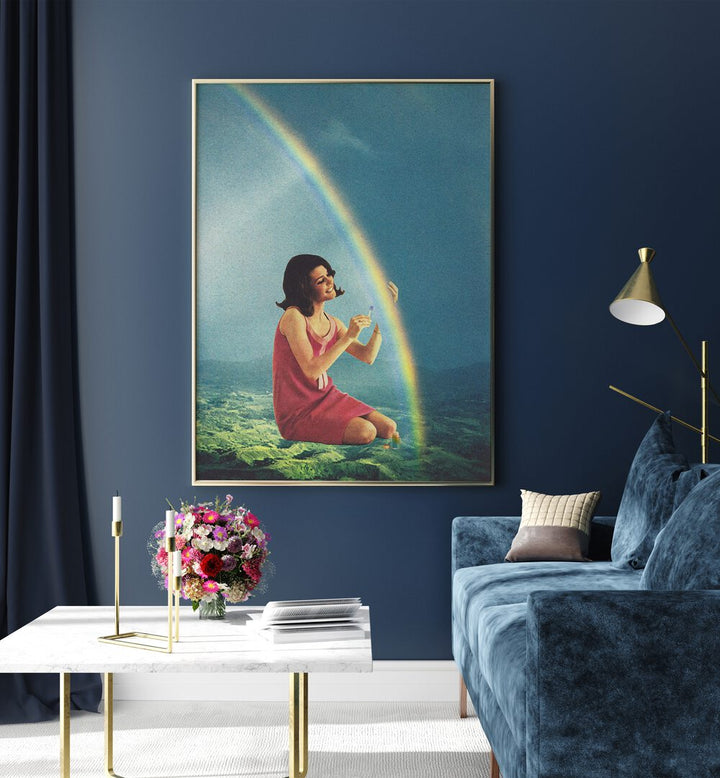 Balming The Rainbow Surreal Art Painting Artwork in gold plain frame beside a sofa 