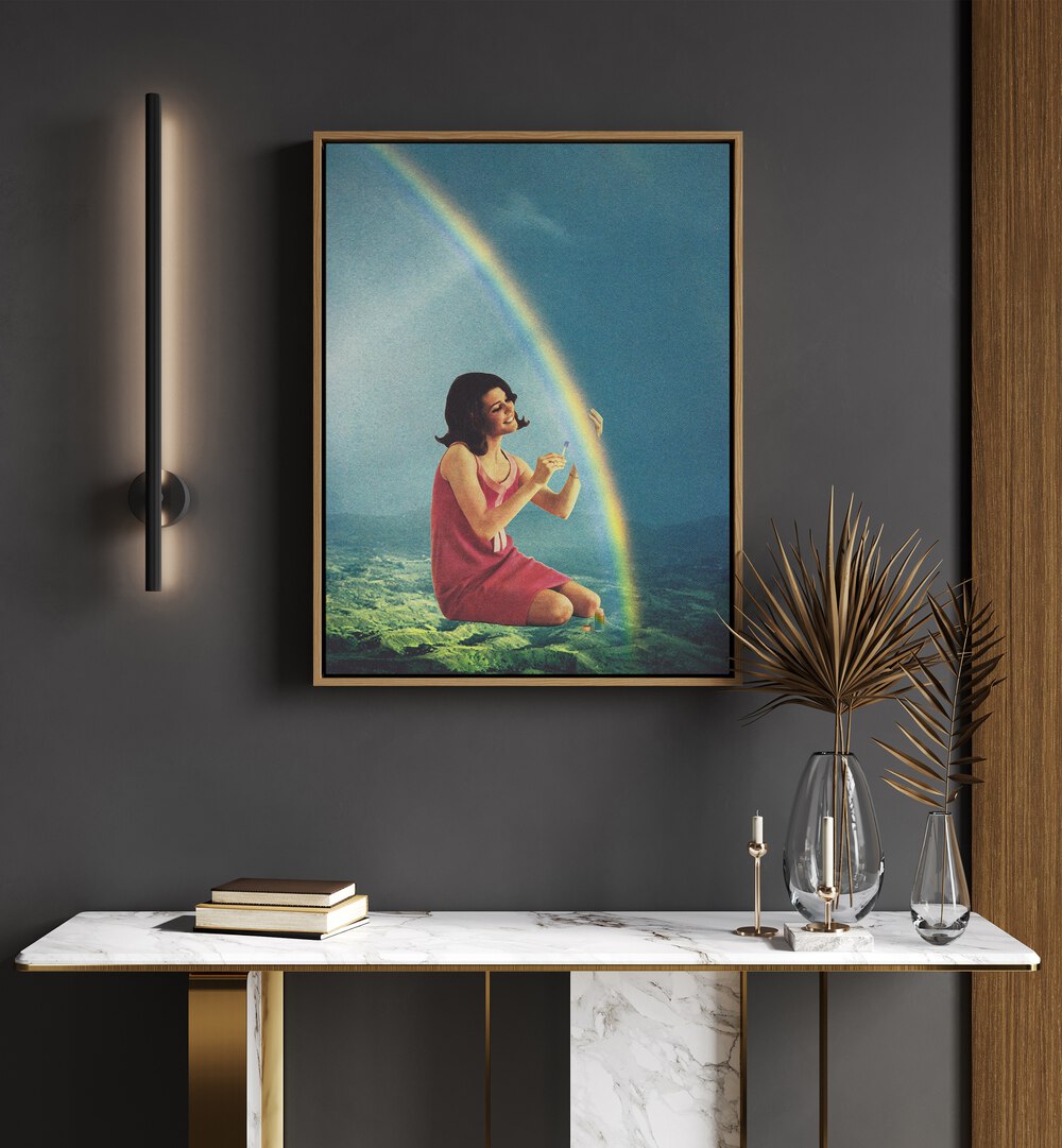 Balming The Rainbow Surreal Art Painting Artwork in oakwood floater frame above a table 