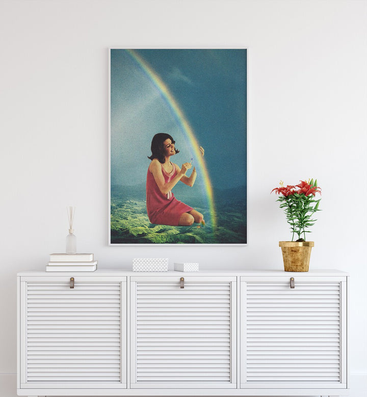 Balming The Rainbow Surreal Art Painting Artwork in plain white frame above a console table 