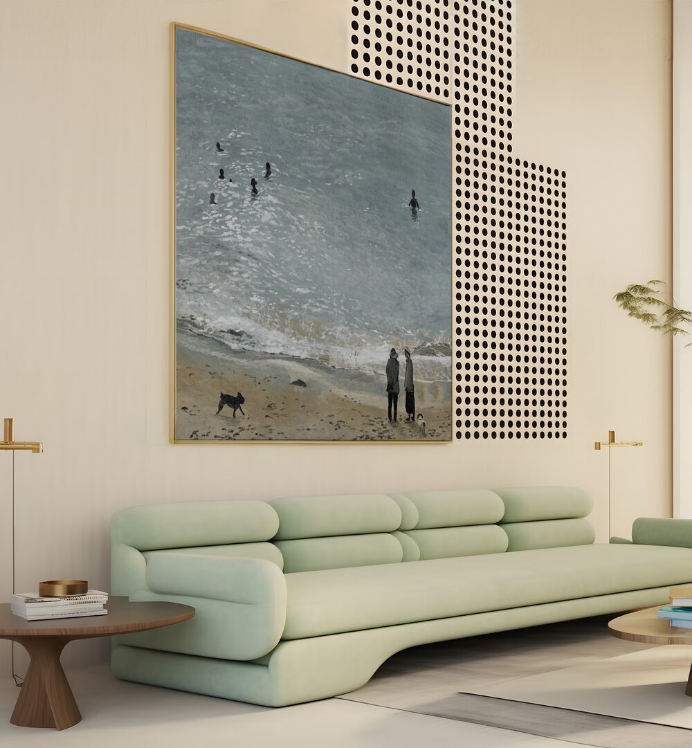 BAMALUZ BEACH, BEACH PAINTINGS adorn a modern living room, showcasing serene coastal beauty and charm.