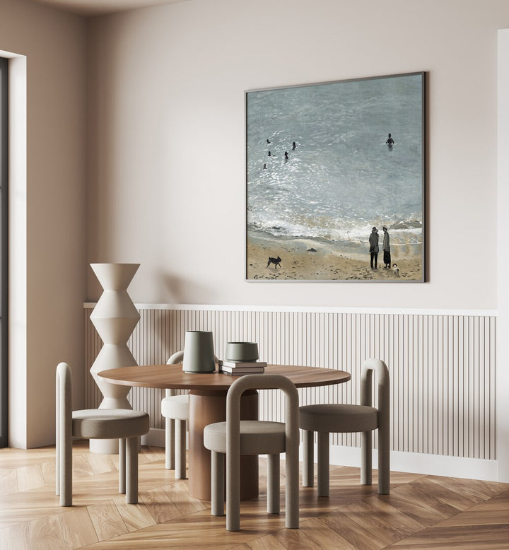 BAMALUZ BEACH, BEACH PAINTINGS adorn a modern dining area, capturing serene coastal beauty and charm.