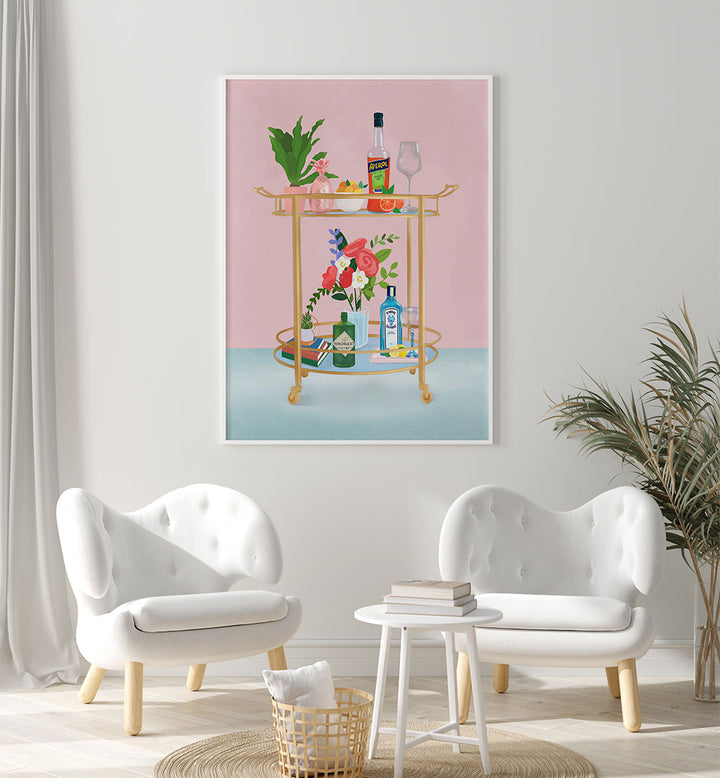 BAR CART , BAR art print featuring a gold bar cart with bottles and flowers in a pastel living room