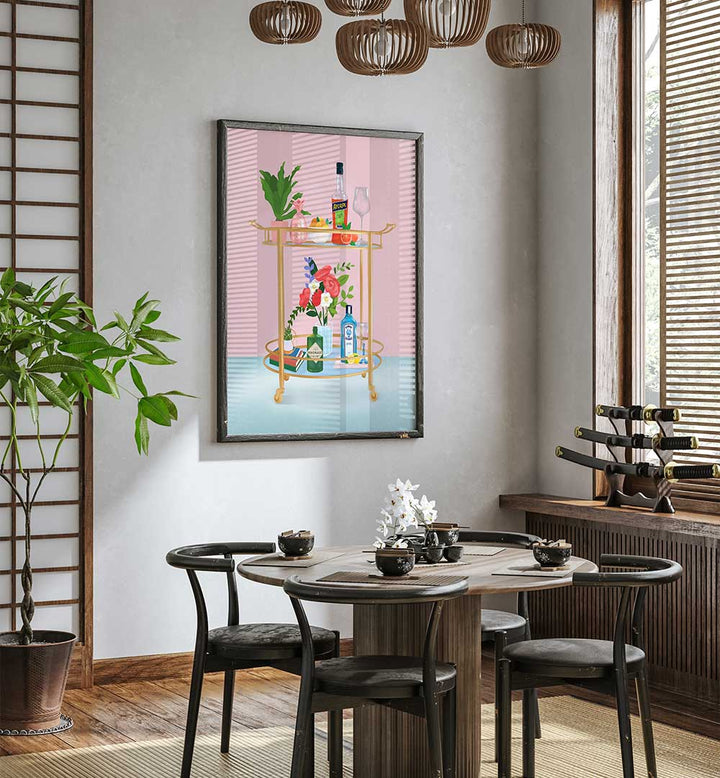 Vibrant BAR CART , BAR artwork framed in a cozy dining room with a gold bar cart illustration.