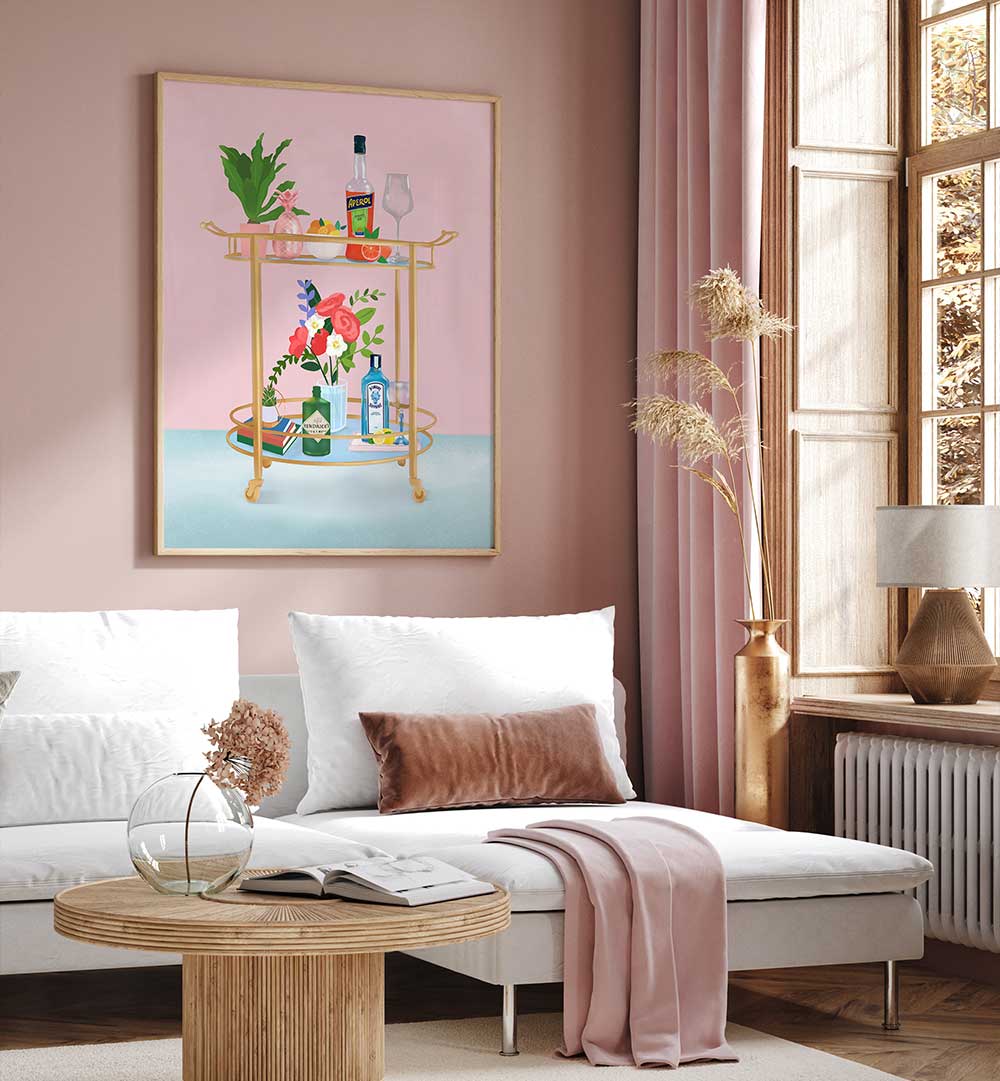 BAR CART , BAR wall art in a pastel pink living room featuring a stylish bar cart