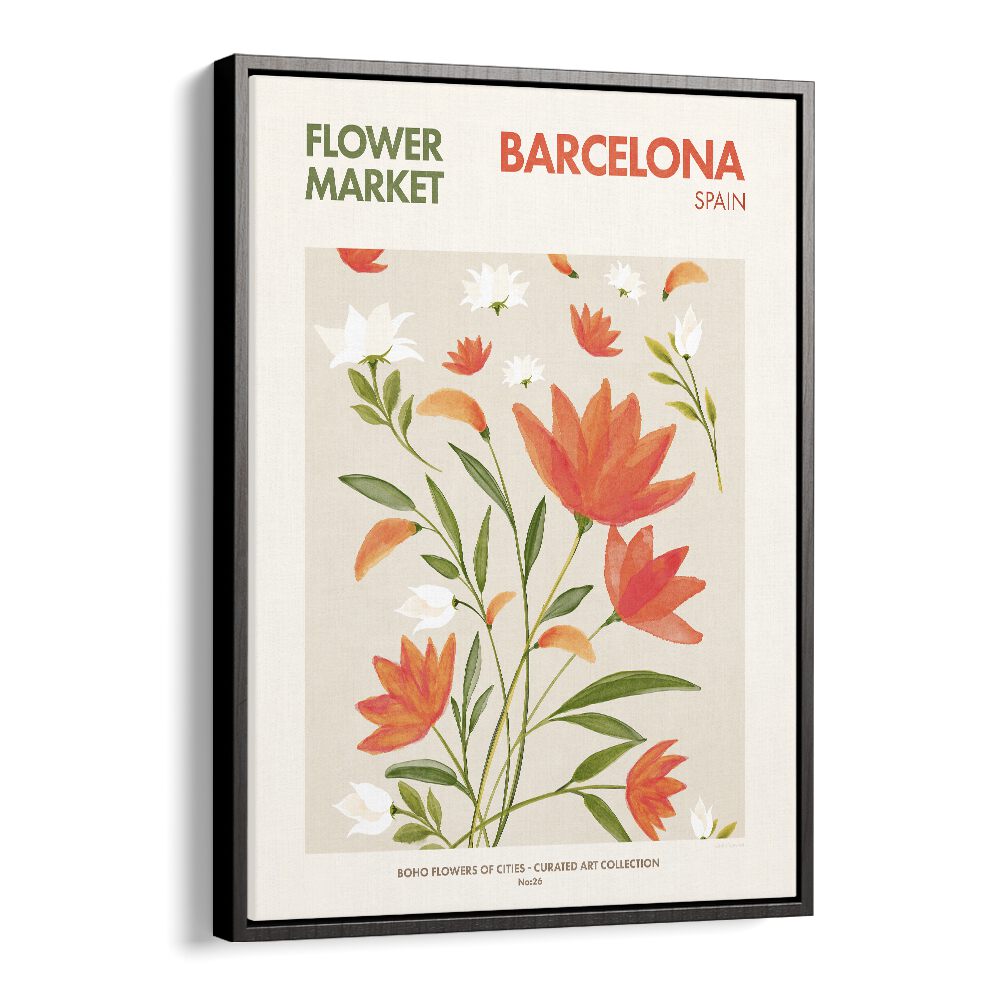 Barcelona - Flower Market  Botanical Flower Paintings Artwork  in Black Floater Frame