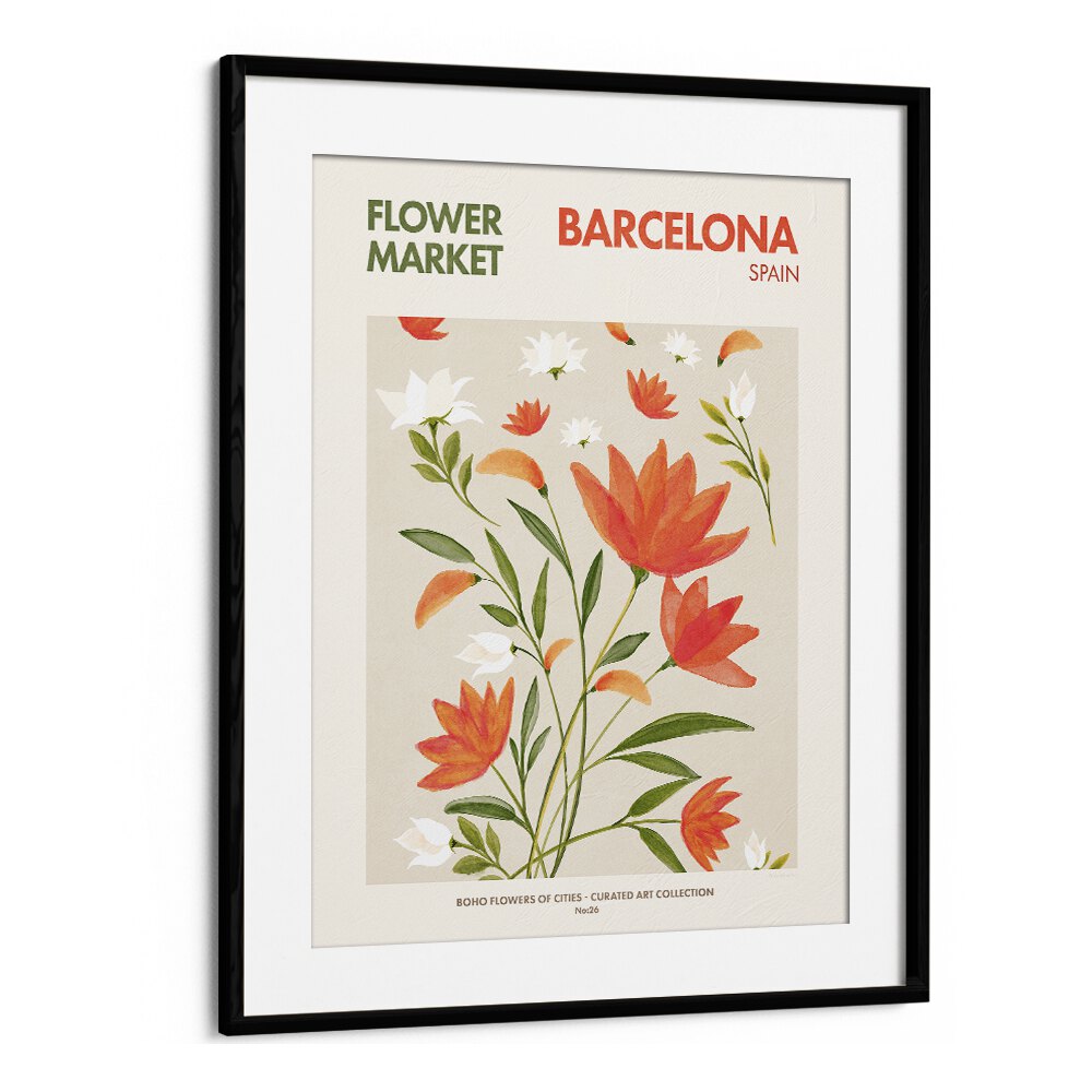 Barcelona - Flower Market   Botanical Flower Paintings Artwork  in Black Frame With Mount