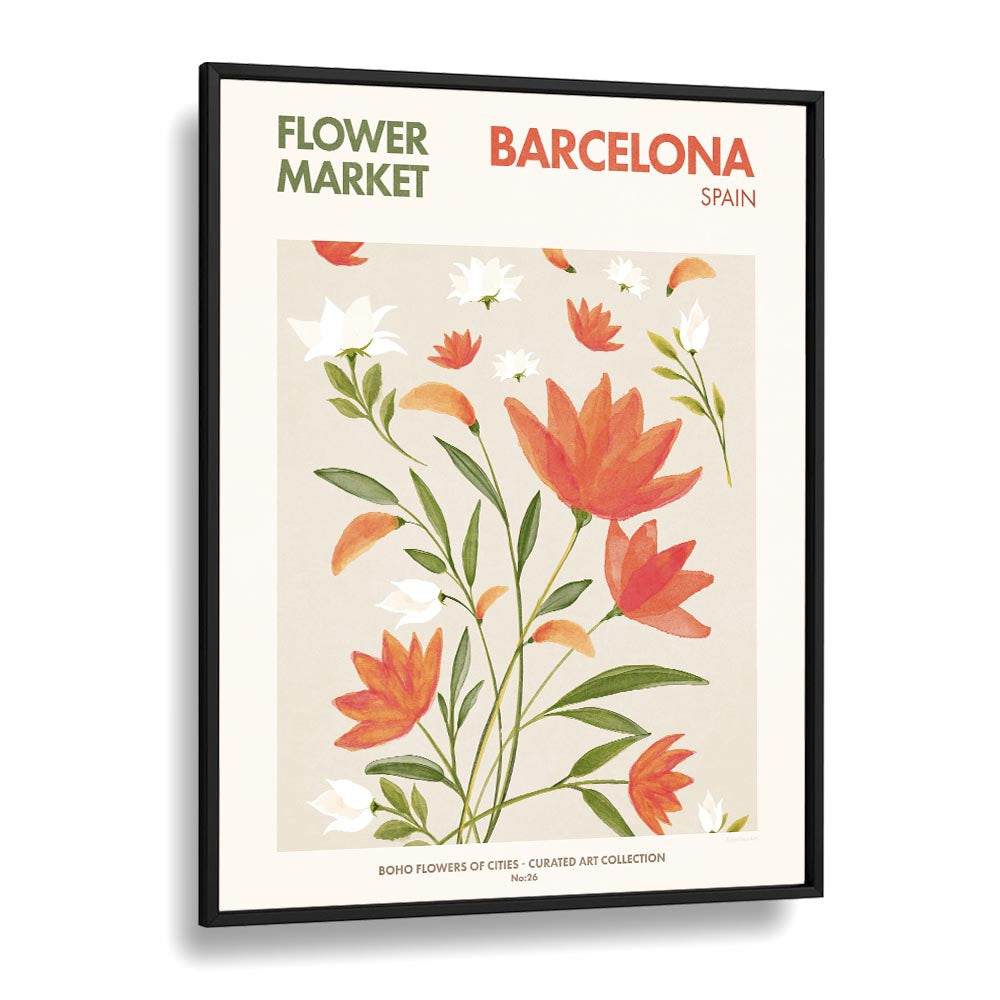 Barcelona - Flower Market  Botanical Flower Paintings Artwork  in Black Plain Frame