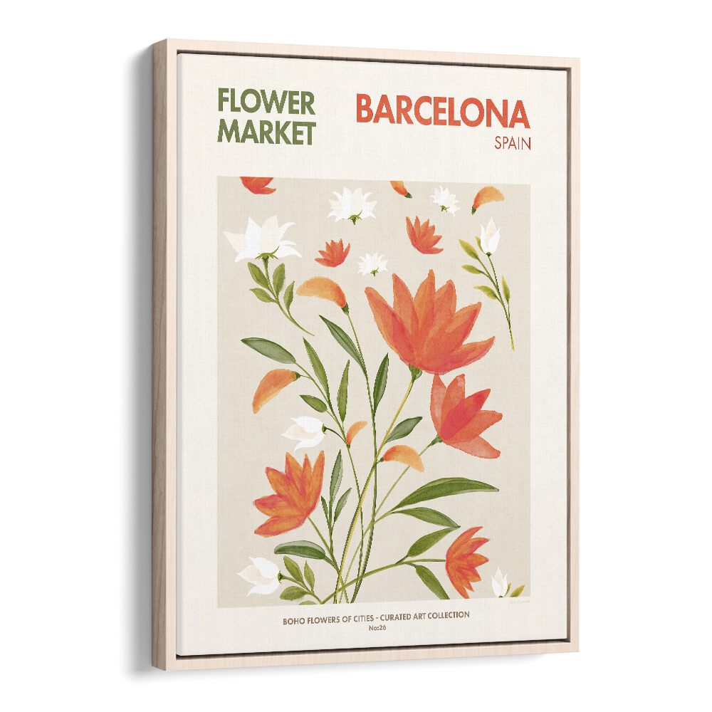 Barcelona - Flower Market   Botanical Flower Paintings Artwork in Oak Wood Floater Frame