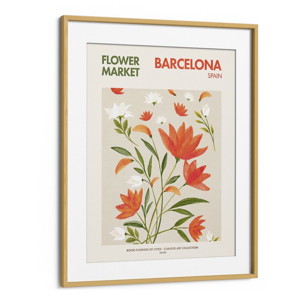 Barcelona - Flower Market  Botanical Flower Paintings Artwork in Oak Wood Frame With Mount