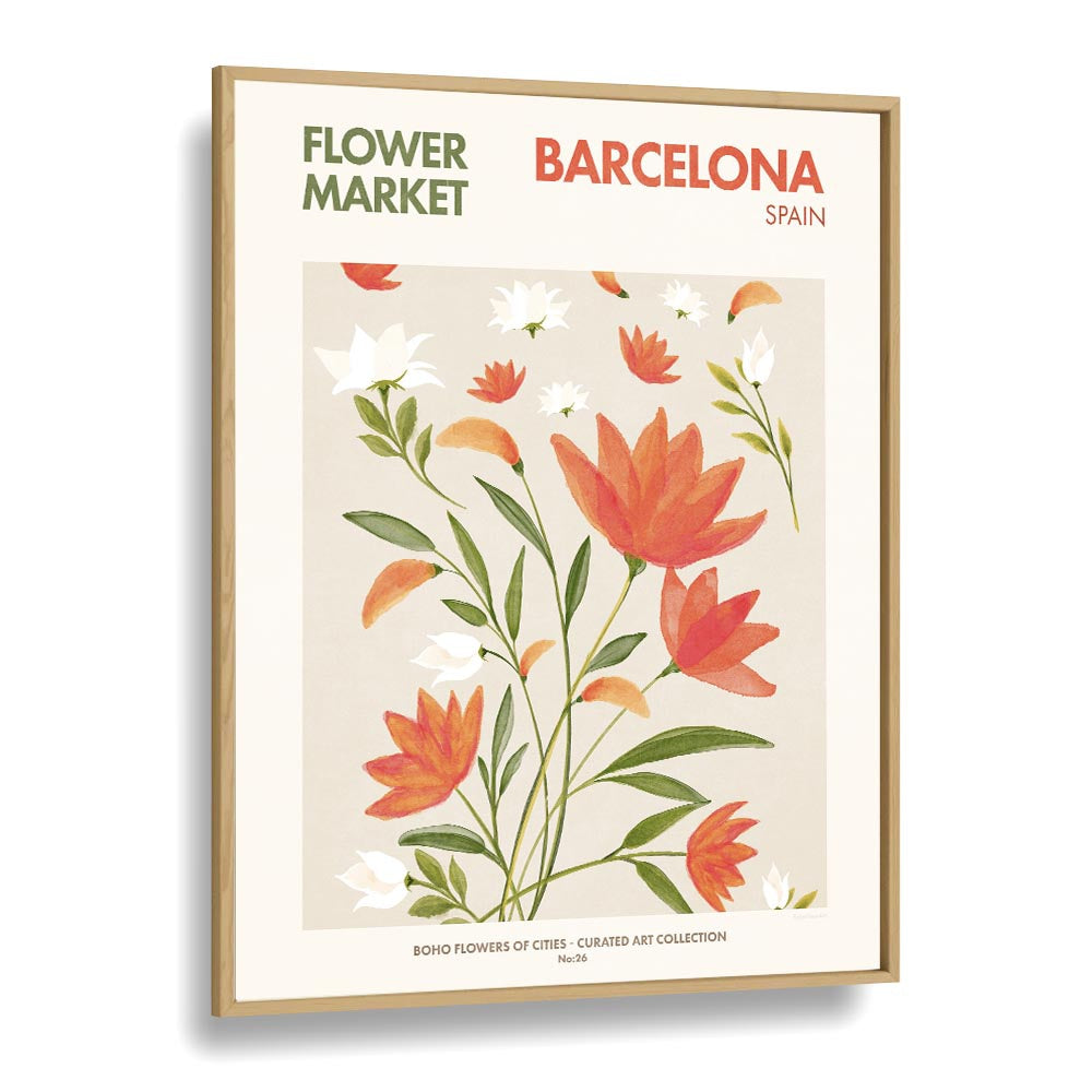 Barcelona - Flower Market Botanical Flower Paintings Artwork in Oak Wood Plain Frame