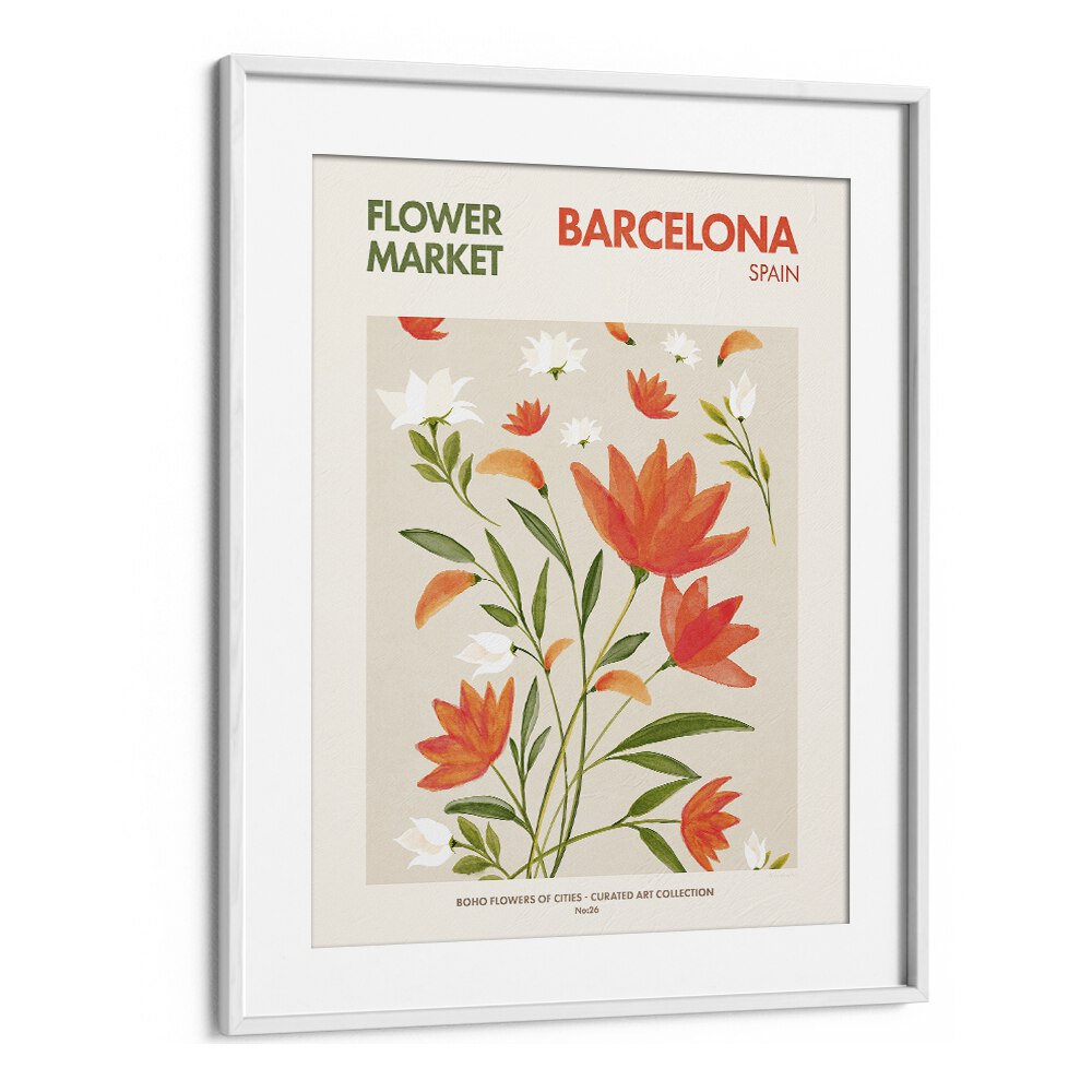 Barcelona - Flower Market  Botanical Flower Paintings Paintings Artwork  in White frame With Mount