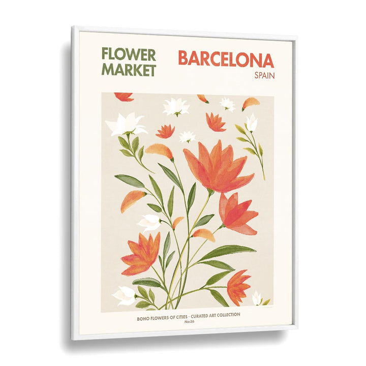 Barcelona - Flower Market  Botanical Flower Paintings Artwork  in White Plain Frame