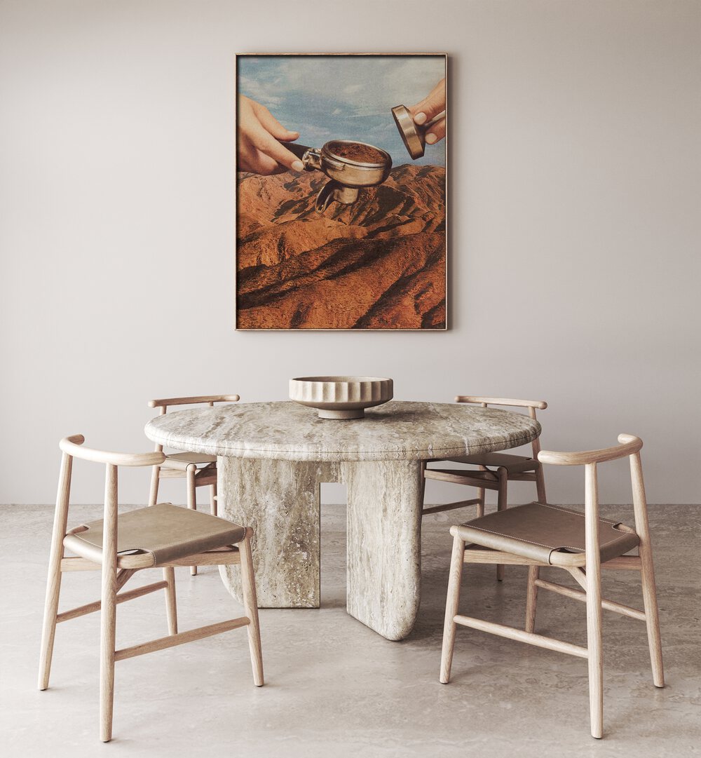 Barista Coffee County Surreal Art Painting Artwork in plain oakwood frame behind a dining table on a beige wall