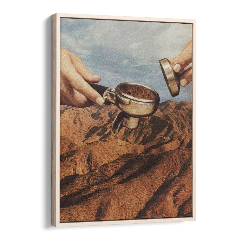 Barista Coffee County  Surreal Painting Artwork in Oak Wood Floater Frame