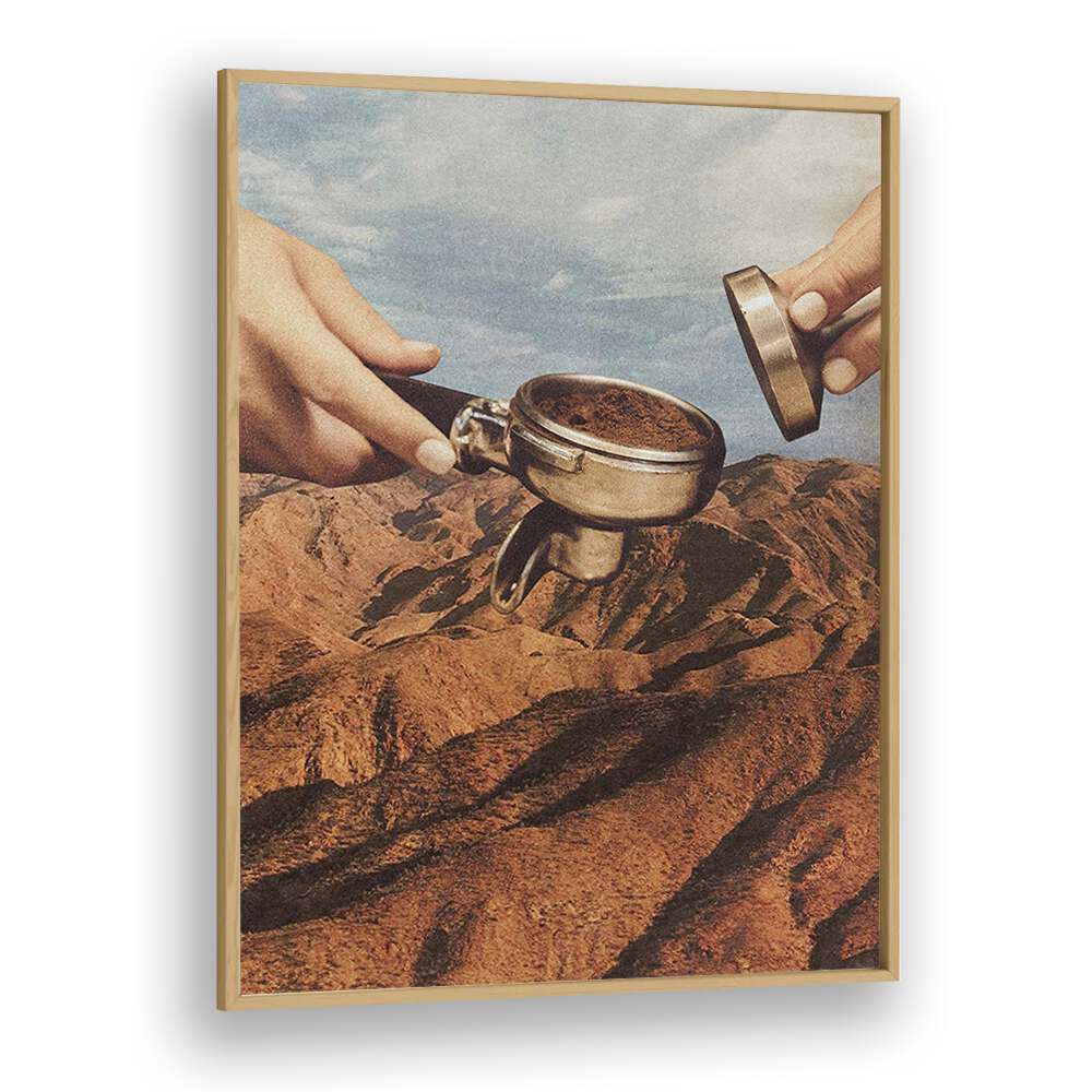 Barista Coffee County Surreal Painting Artwork in Oak Wood Plain Frame
