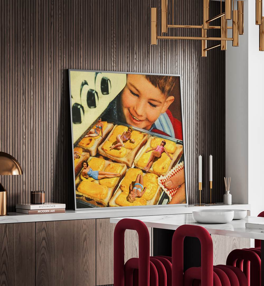 Basking In The Oven Surreal Art Painting Artwork 
in plain black frame on a shelf beside dinning table