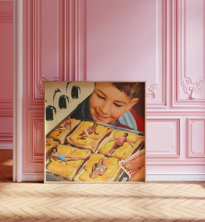 Basking In The Oven Surreal Art Painting Artwork 
in plain oakwood frame on a wooden floor