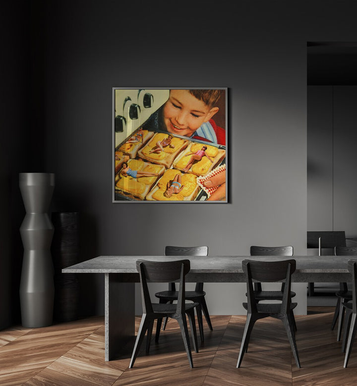 Basking In The Oven Surreal Art Painting Artwork 
in plain black frame behind a dining table for dining area