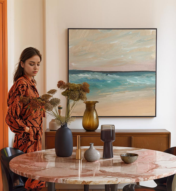 Serene BAY WAVES, ABSTRACT PAINTINGS enhance home decor with soothing ocean hues and elegant design.