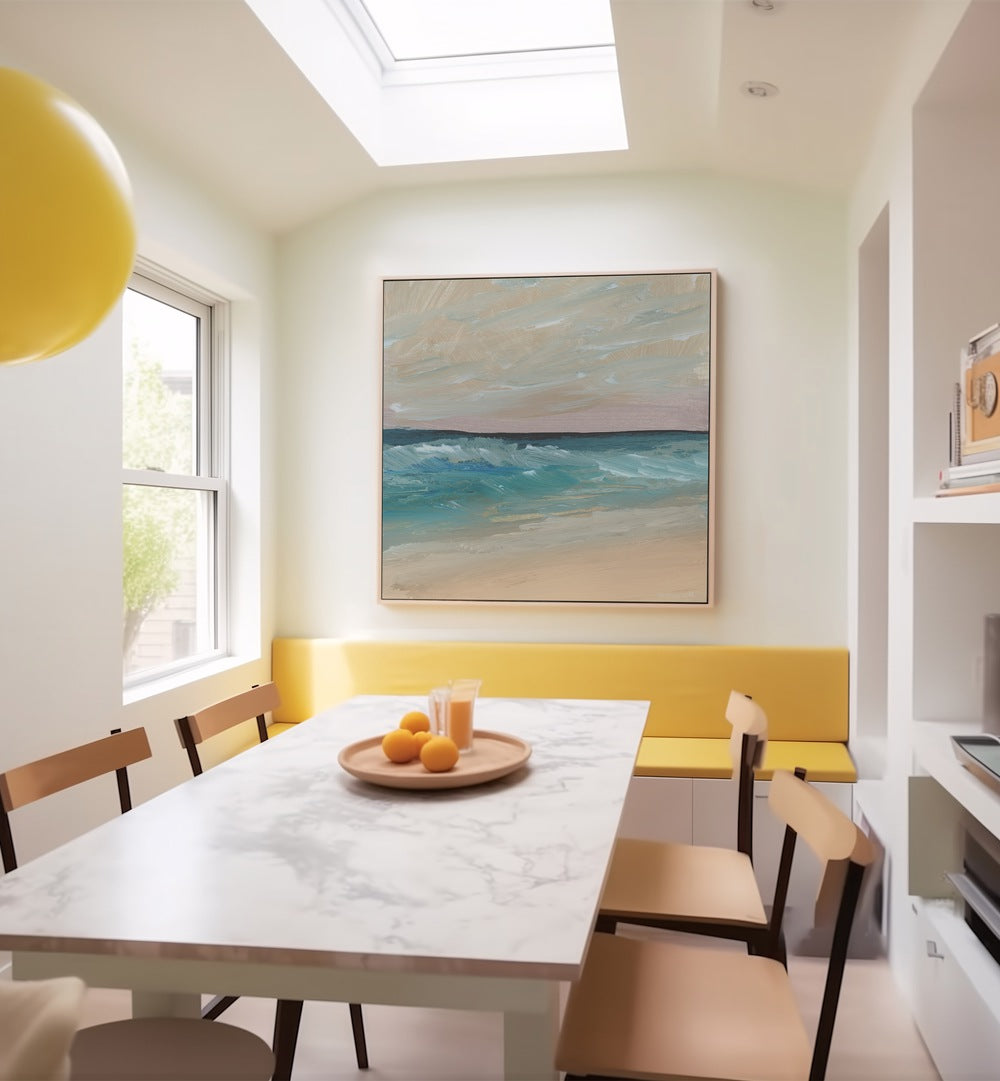 Serene BAY WAVES, ABSTRACT PAINTINGS adorn a bright dining area, enhancing elegance with ocean-inspired colors.