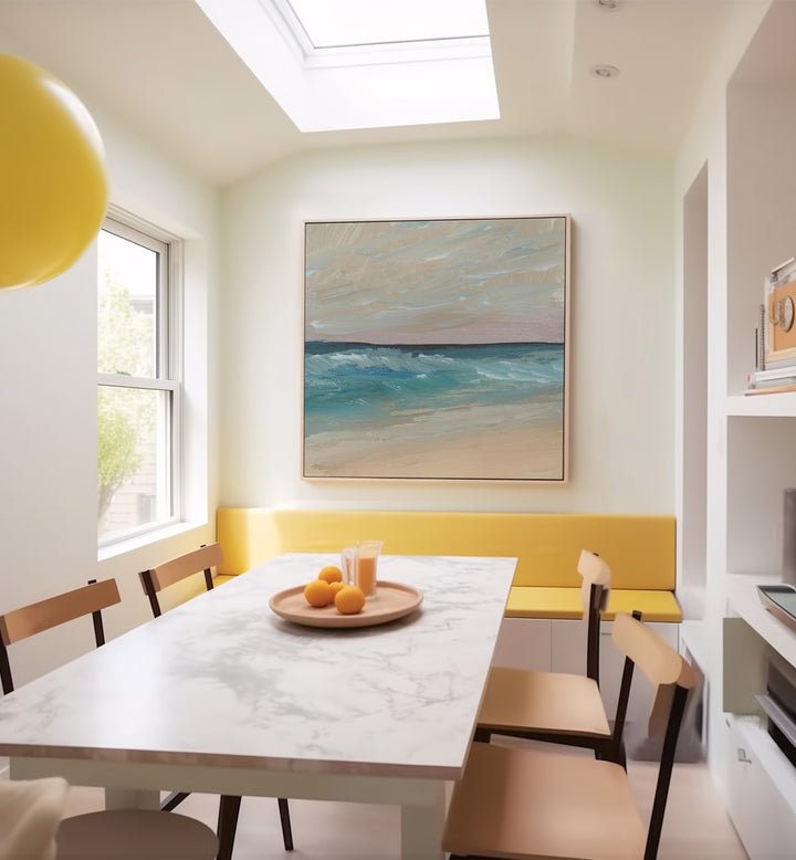 Serene BAY WAVES, ABSTRACT PAINTINGS adorn a bright dining area, enhancing elegance with ocean-inspired colors.