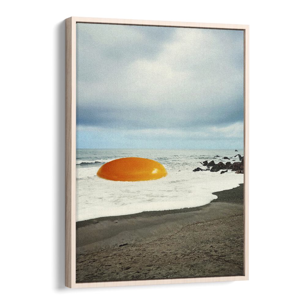 Beach Egg Sunny Side Up Breakfast Surreal Art Artwork in Oak Wood Floater Frame
