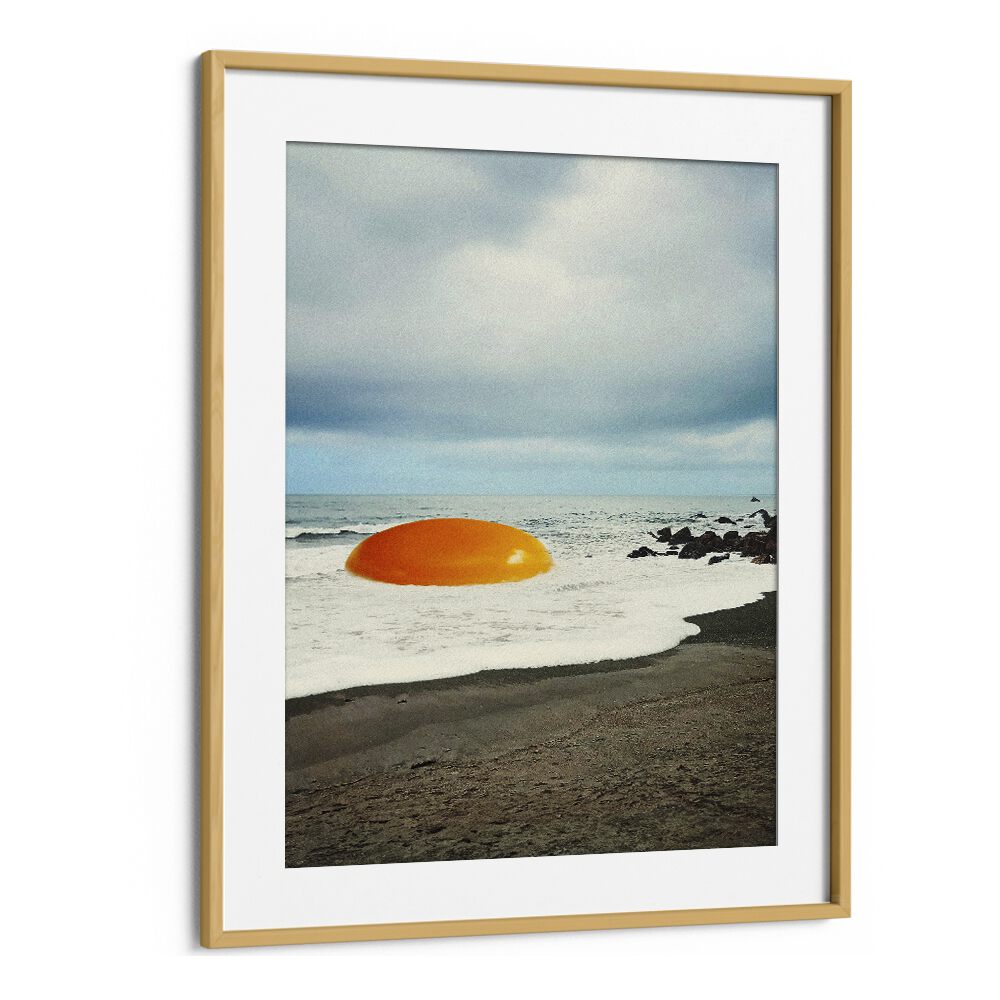 Beach Egg Sunny Side Up Breakfast Surreal Art Artwork in Oak Wood Frame With Mount
