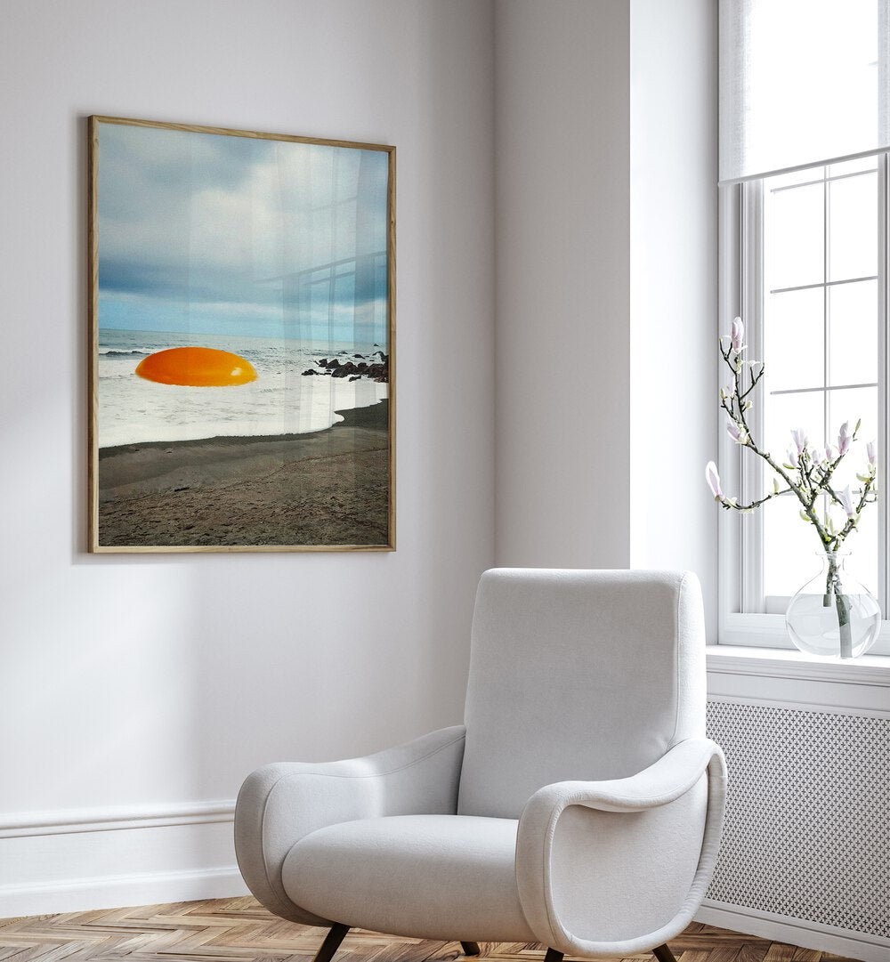 Beach Egg - Sunny Side Up Surreal Painting, Surreal Art Artwork in Oak Wood Plain Frame placed on a white wall in the Drawing Room