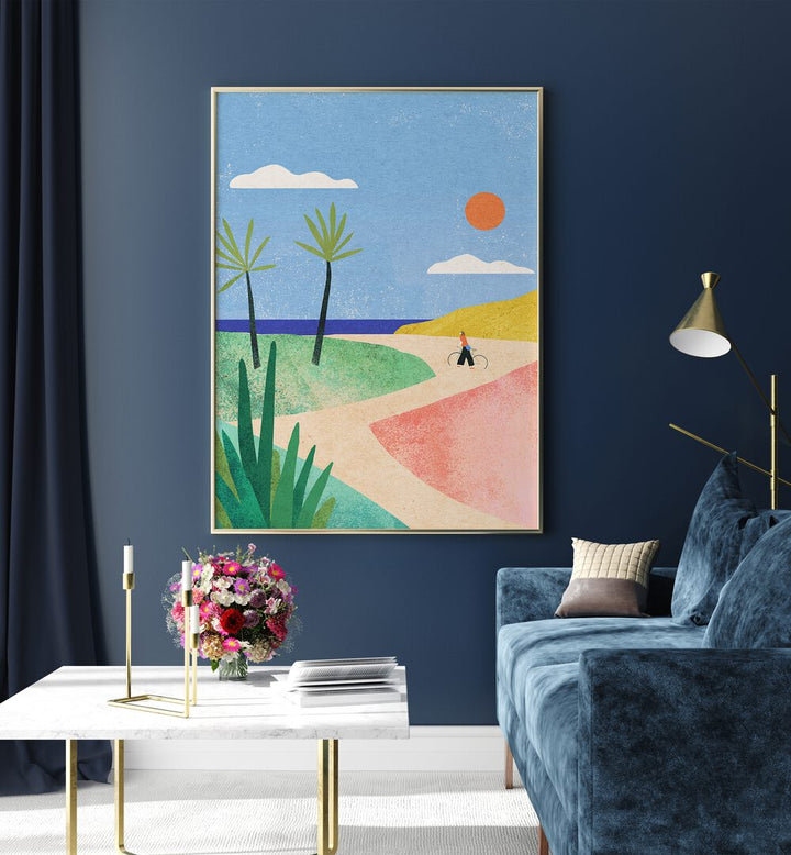 Beach Girl Landscape Art Artwork in Oak Wood Plain Frame Placed on a Royal Blue Wall next to a Blue Sofa In the Living Room of a Blue And White Aesthetic