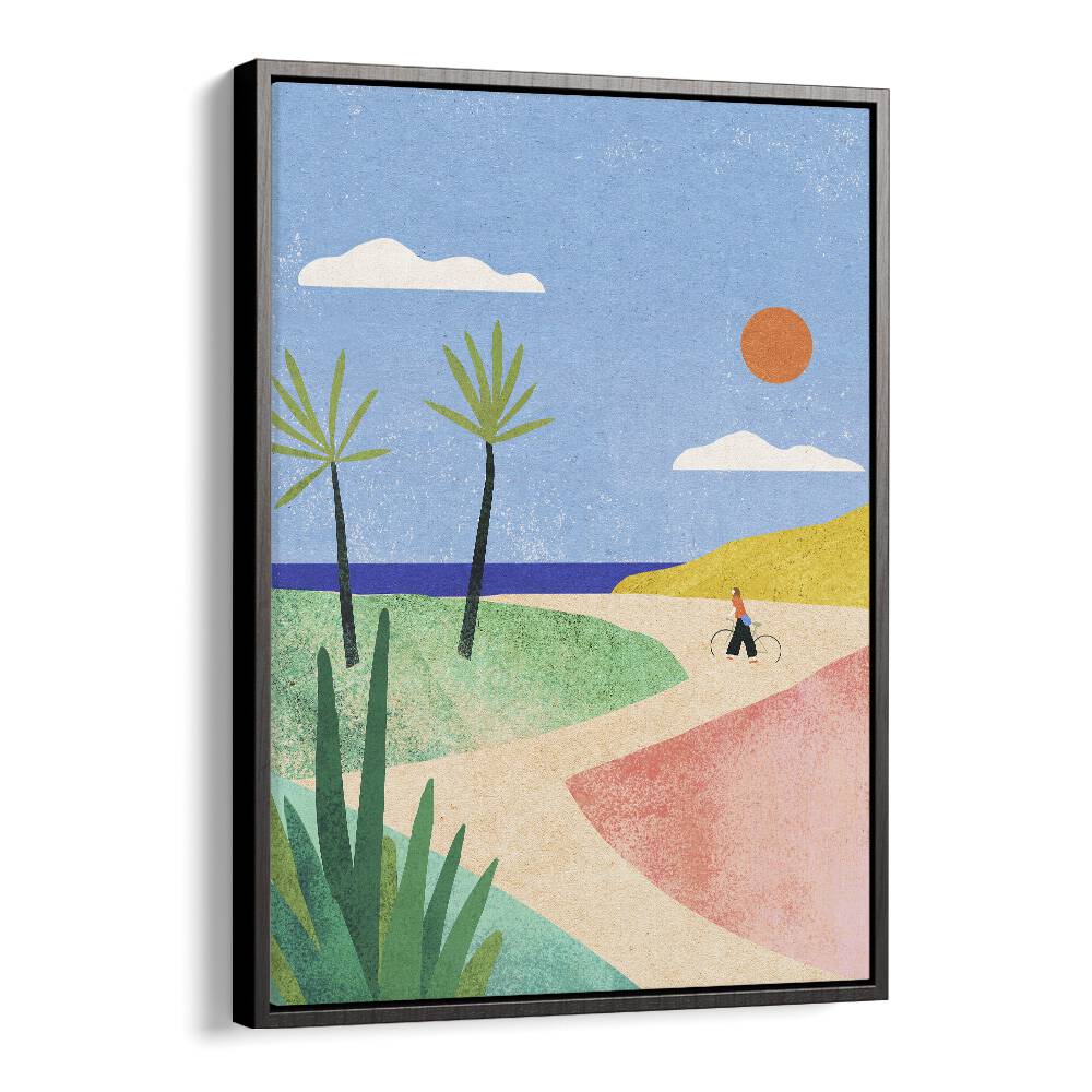 Beach Girl Landscape Art Artwork in Black Floater Frame