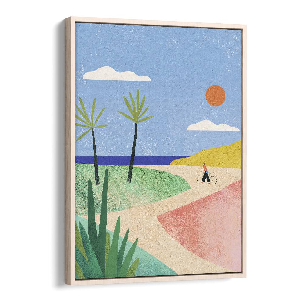 Beach Girl Landscape Art Artwork in Oak Wood Floater Frame