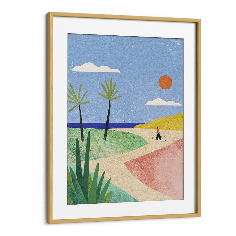 Beach Girl Landscape Art Artwork in Oak Wood Frame With Mount