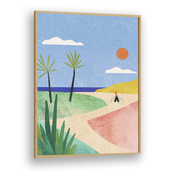 Beach Girl Landscape Art Artwork in Oak Wood Plain Frame