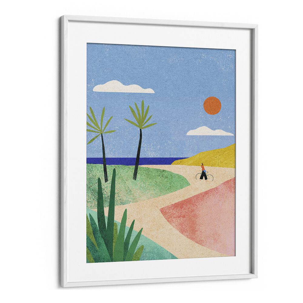 Beach Girl Landscape Art Artwork in White Frame With Mount